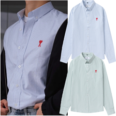 24FW fall and winter tide new AMI red love heart small A embroidery cotton oxford textile striped long-sleeved shirt men and women loose couple casual shirt