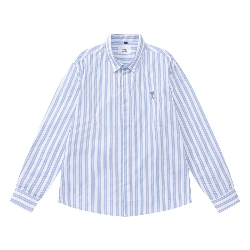 26ss Early Autumn Trendy Brand New AMI Same Color Love Embroidered Stripe Pure Cotton Oxford Spinning Stripe Long Sleeve Shirt for Men and Women Loose Couple Casual Shirt
