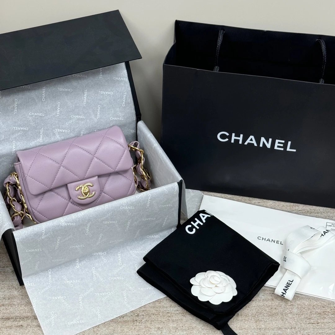 Chanel Classic Flap Bag 1:1, Gold Hardware, Adjustable Leather Chain Strap, Quilted Caviar Leather, Square Mini Shoulder Bag for Women, Pink