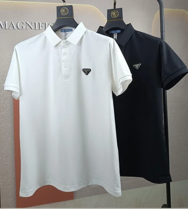 Prada Shirts Short-Sleeve Polo Shirt with Triangle Logo Plaque product detail image 3