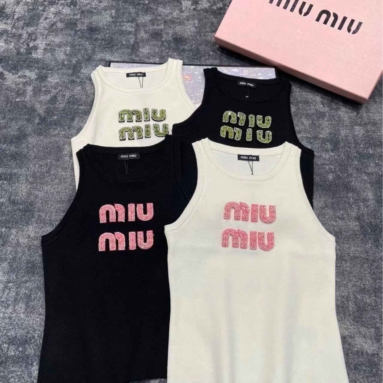Miu T-Shirts Rhinestone Logo Rib-Knit Tank Top image 1