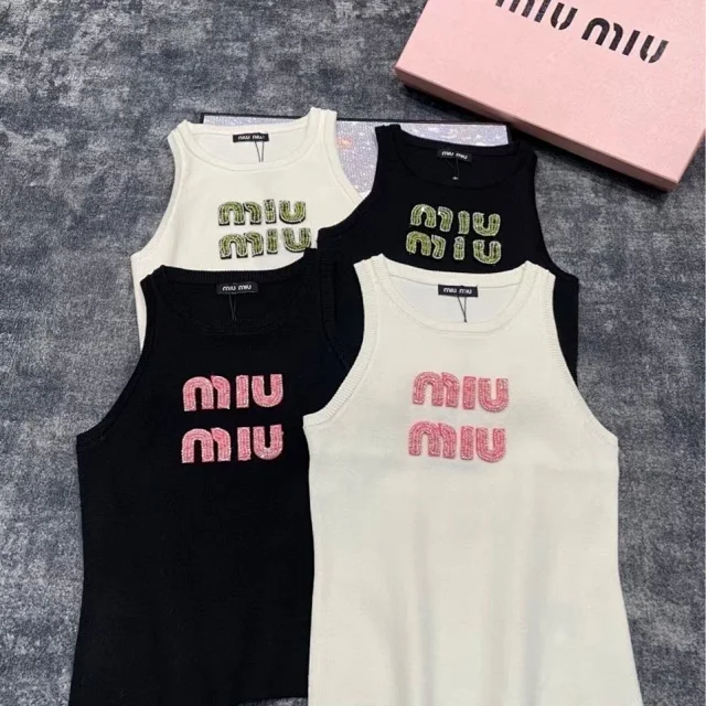 Miu T-Shirts Rhinestone Logo Rib-Knit Tank Top product detail image 1