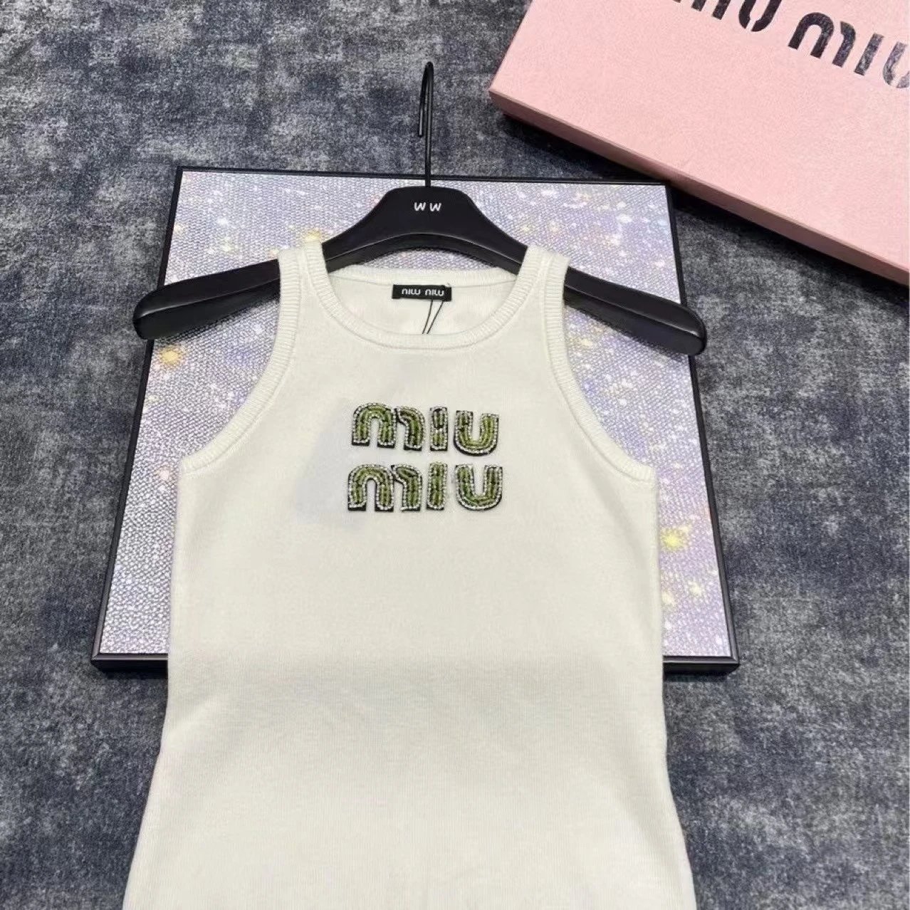 Miu T-Shirts Rhinestone Logo Rib-Knit Tank Top image 5
