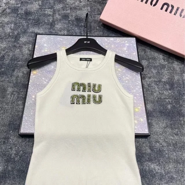 Miu T-Shirts Rhinestone Logo Rib-Knit Tank Top product detail image 5