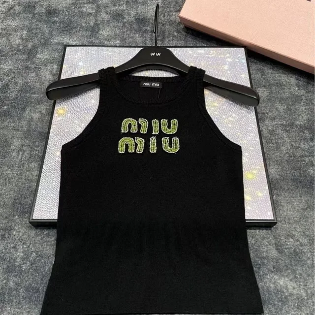 Miu T-Shirts Rhinestone Logo Rib-Knit Tank Top product detail image 2