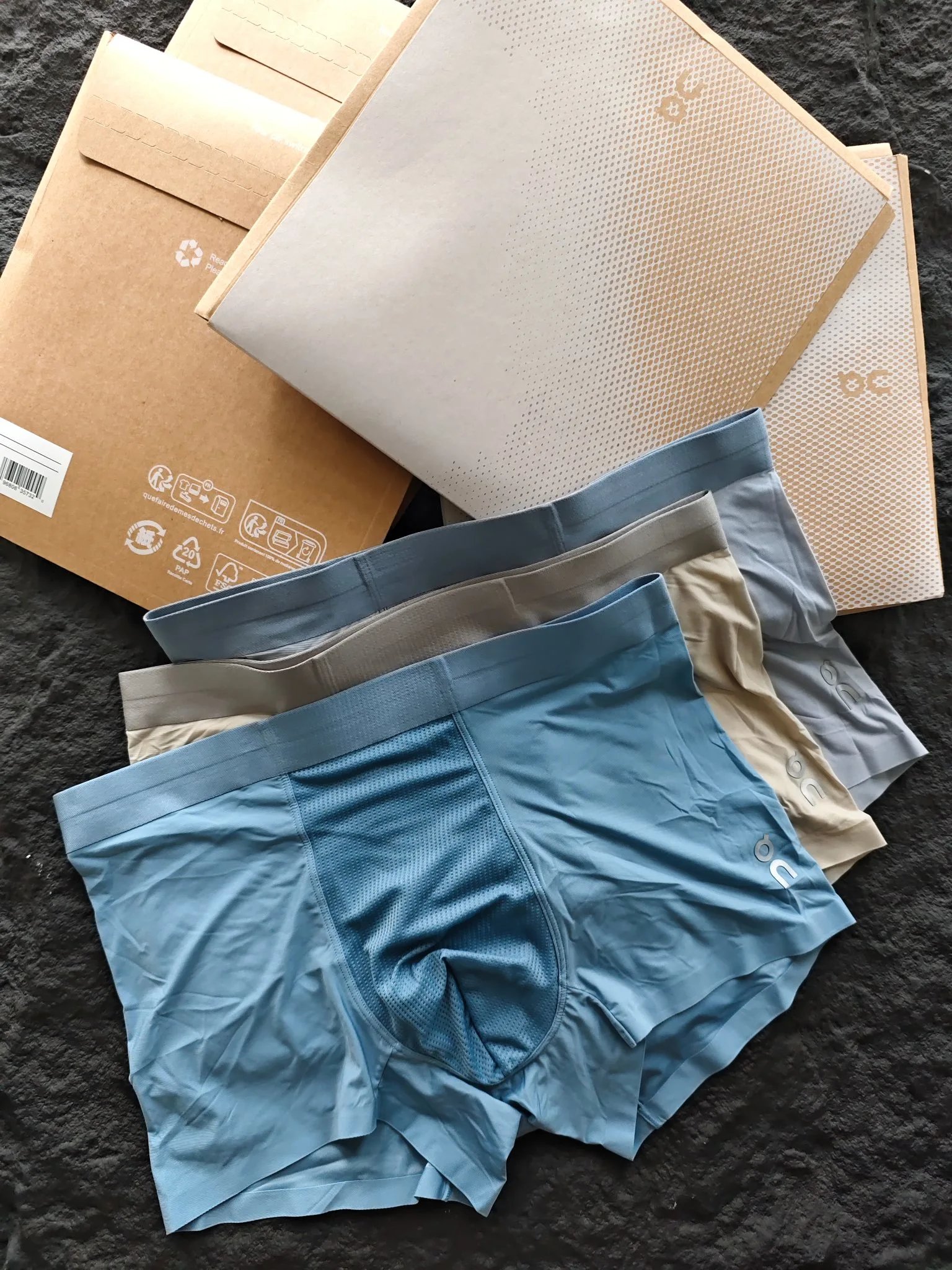 On Running Boxer Briefs in Blue, Beige, and Gray Underwear - 2