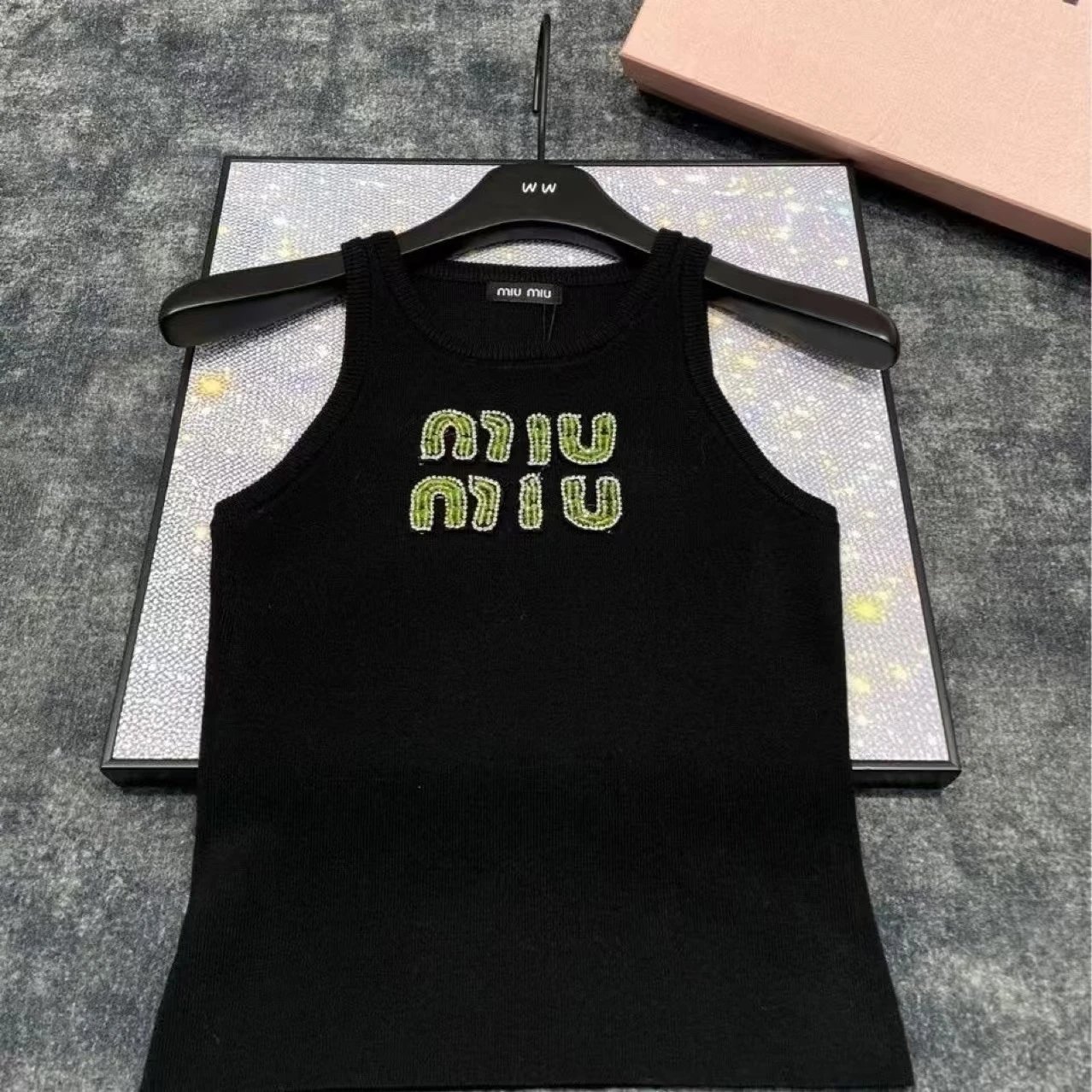 Miu T-Shirts Rhinestone Logo Rib-Knit Tank Top image 3
