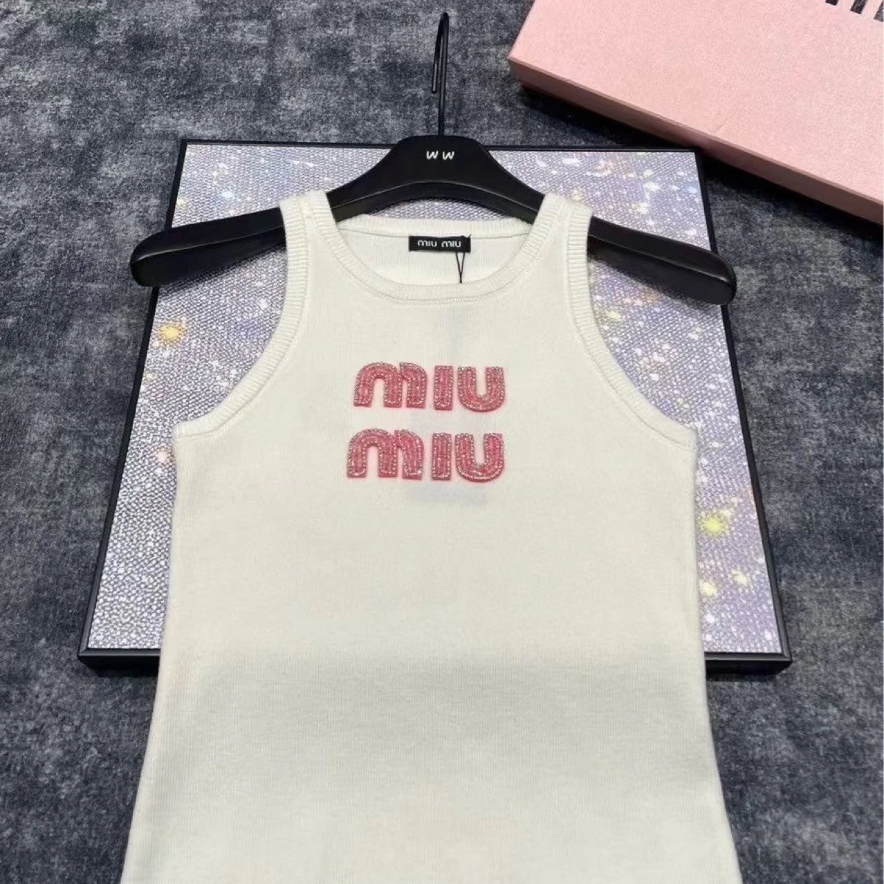 Miu T-Shirts Rhinestone Logo Rib-Knit Tank Top image 6