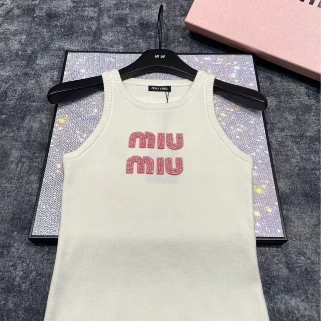 Miu T-Shirts Rhinestone Logo Rib-Knit Tank Top product detail image 6