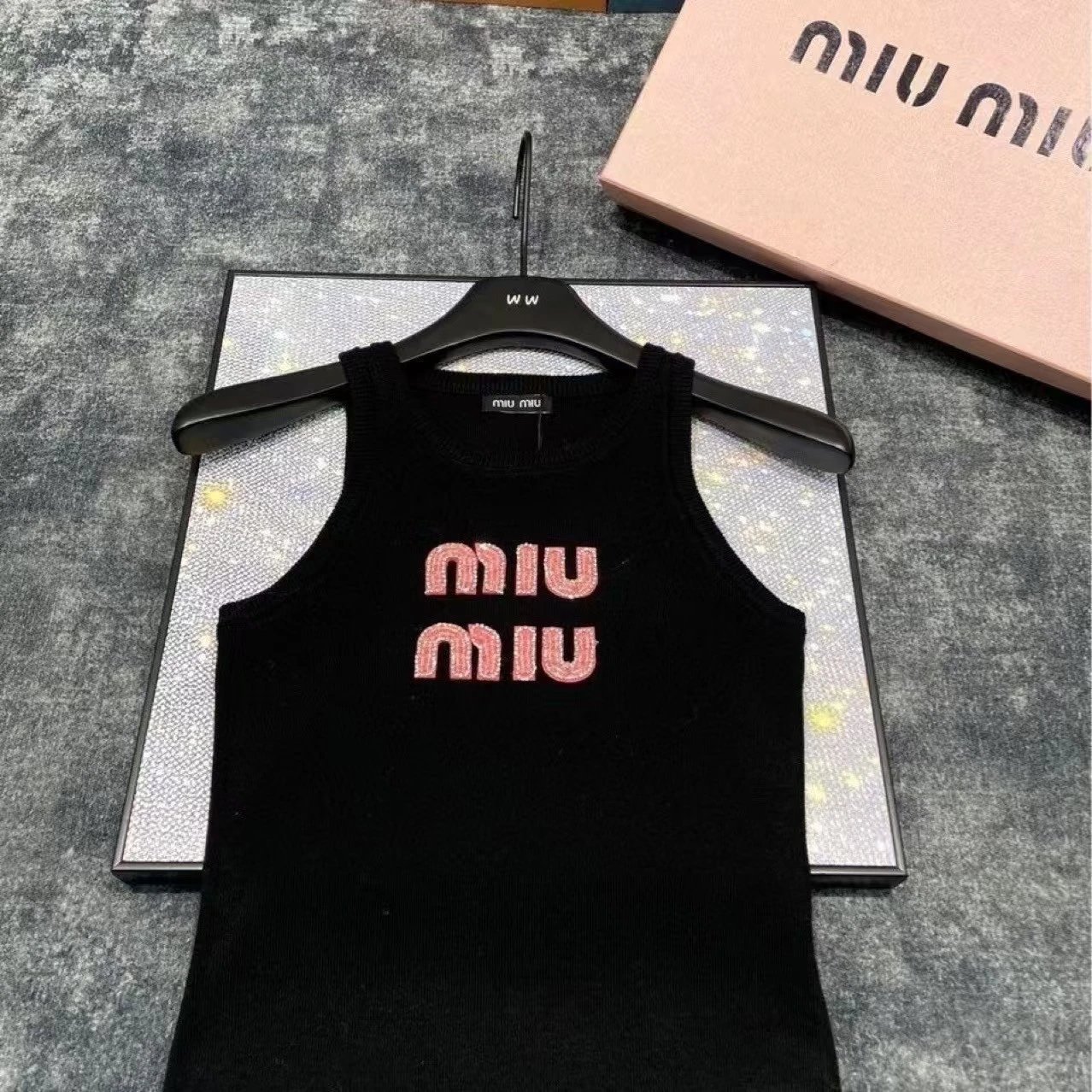 Miu T-Shirts Rhinestone Logo Rib-Knit Tank Top image 7
