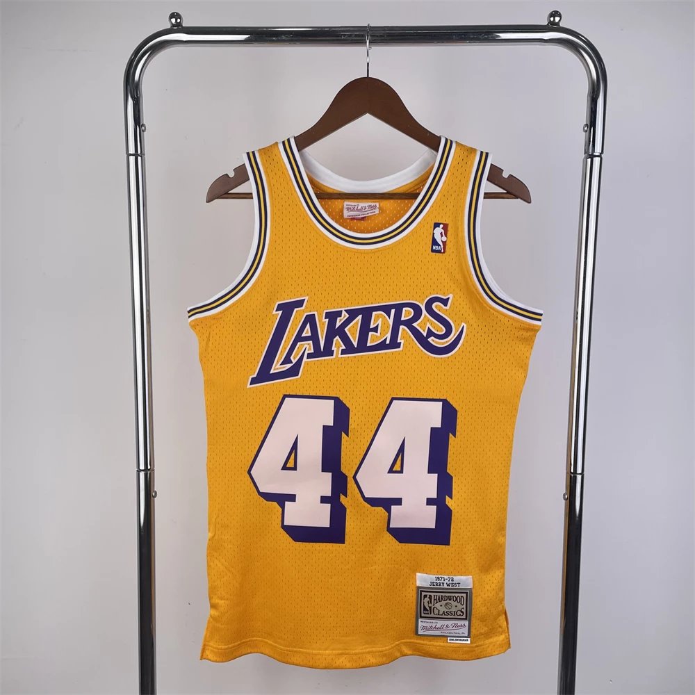 MN Lakers No. 44 Jerry West Retro Yellow Mesh Embroidered Jersey Logo Men's Sports Training Tank Top Basketball Suit