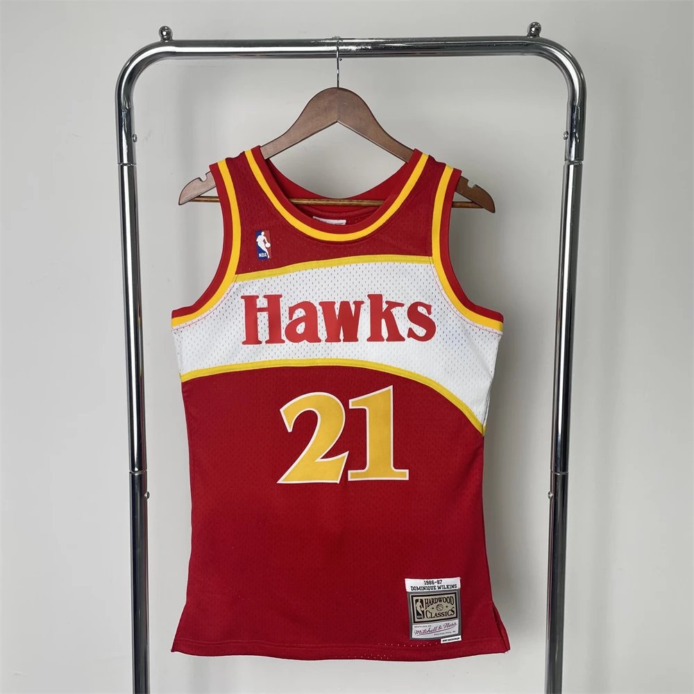MN Hot Pressed Retro Shirt SW Hawks 85/86 Season Red No. 21 Wilkins Basketball Shirt