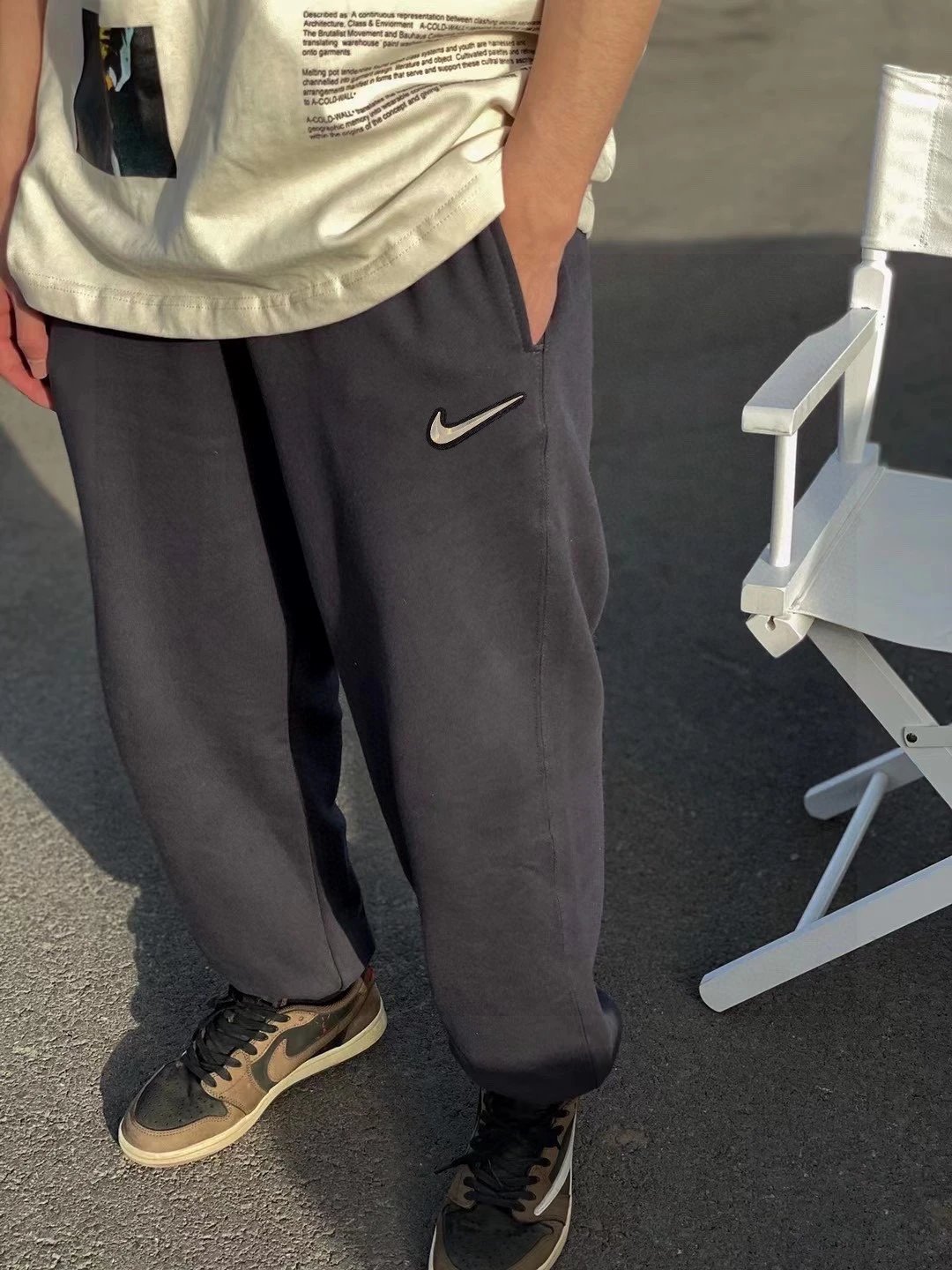 Nike耐克swoosh系列同步高级灰毛圈情侣卫裤