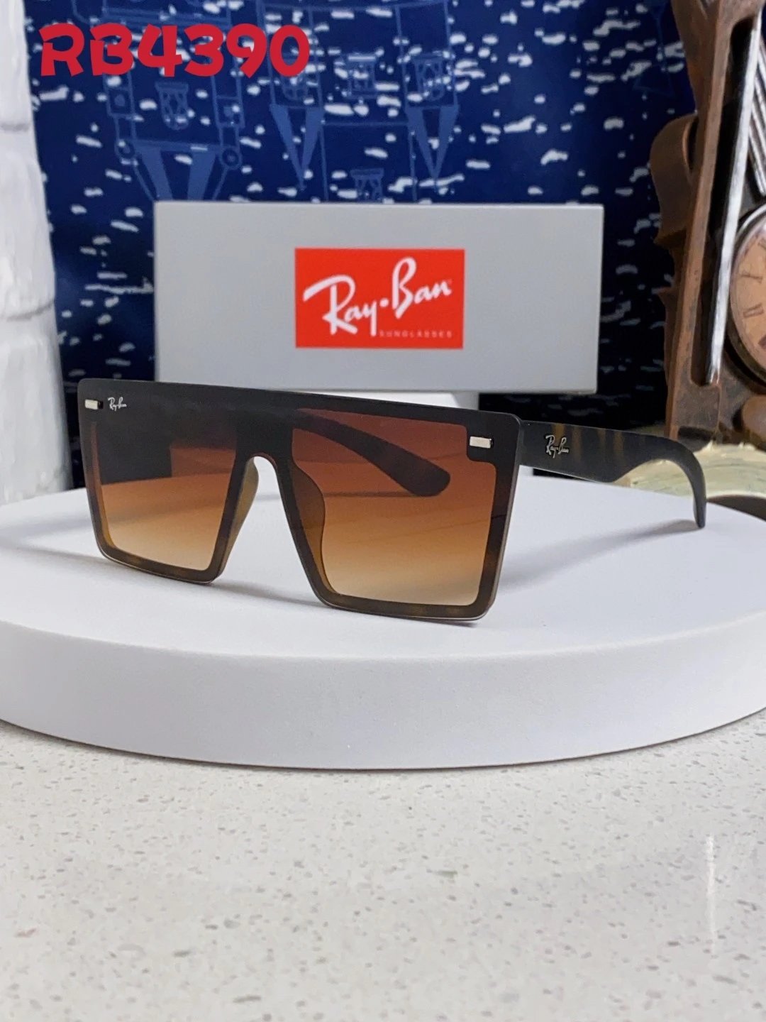 Rayban 雷朋 2026新款复古黑色连一体镜超大框方圆脸显瘦高级感欧美风墨镜女太阳眼镜RB4390