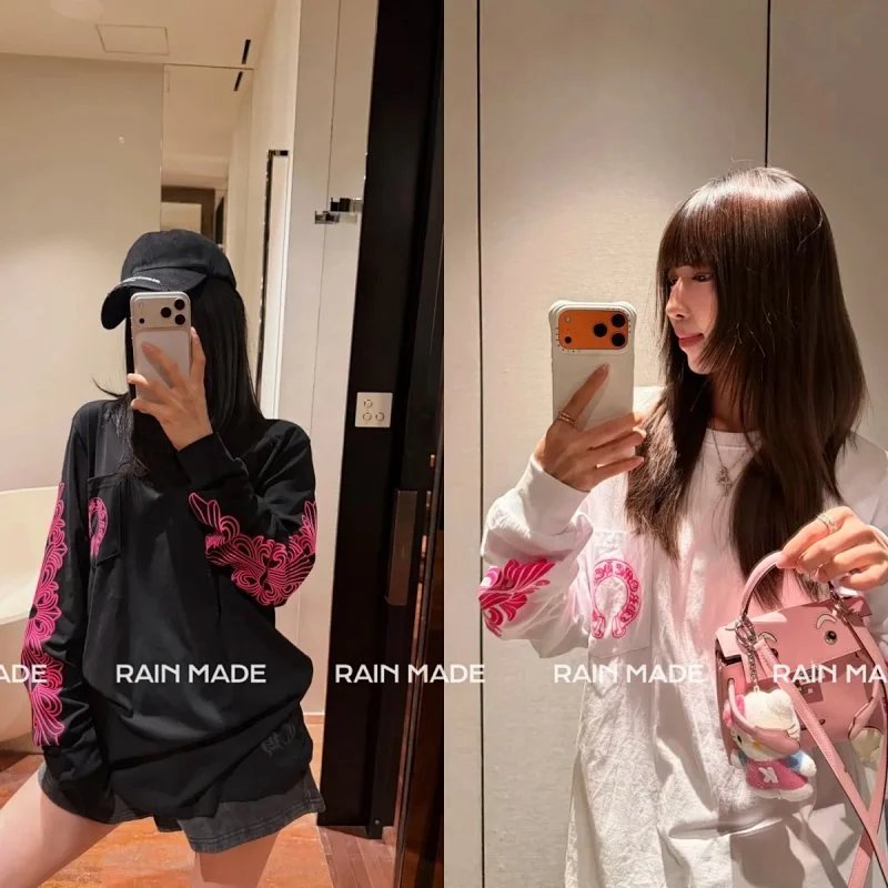 做货人清仓/原版发泡印花版本 26FW Chrome hearts 克罗心  新款粉色白粉马蹄花臂长袖T恤  LOGO印花