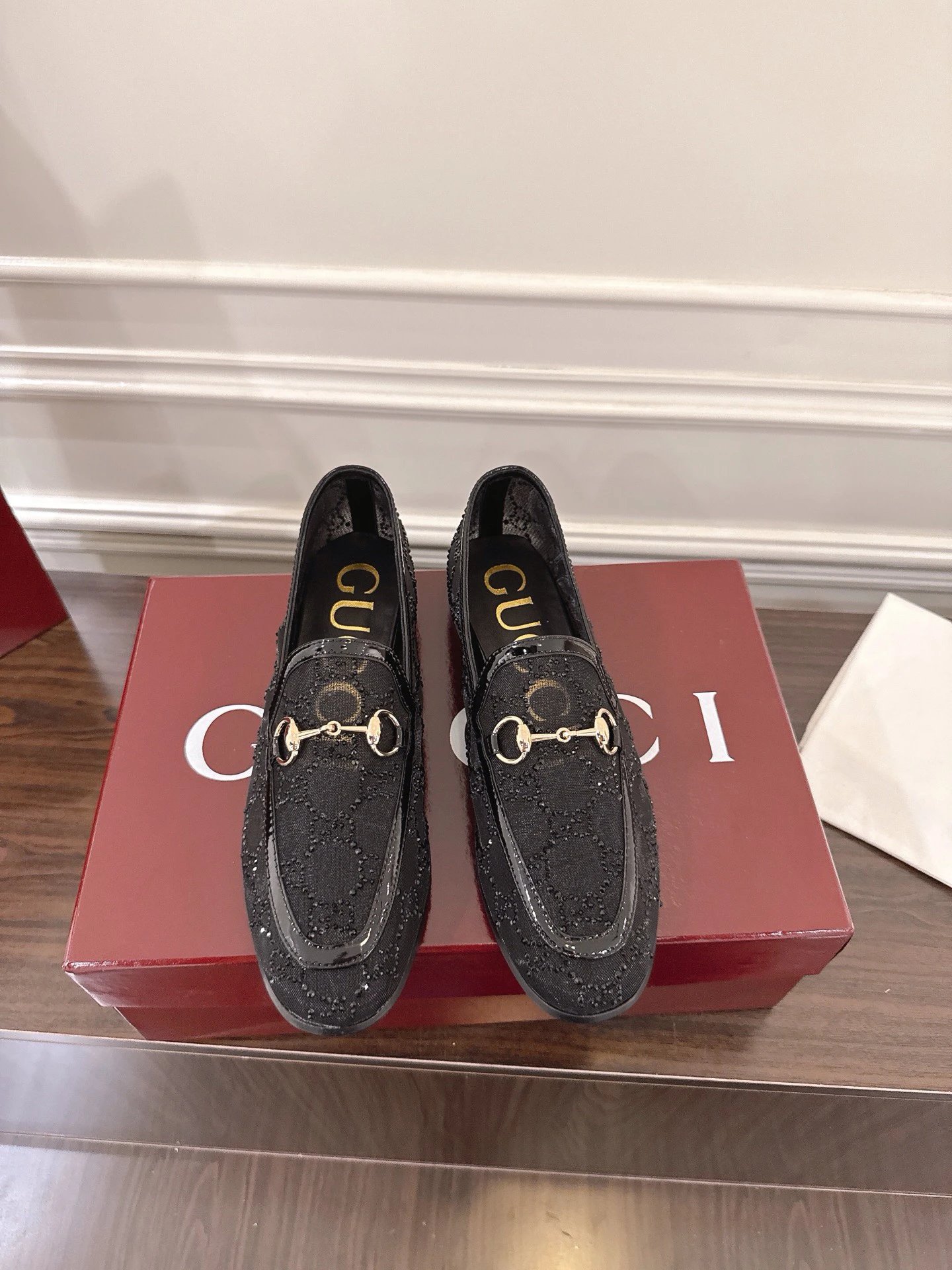 Gucci Jordaan系列女士网纱水晶钻乐福鞋