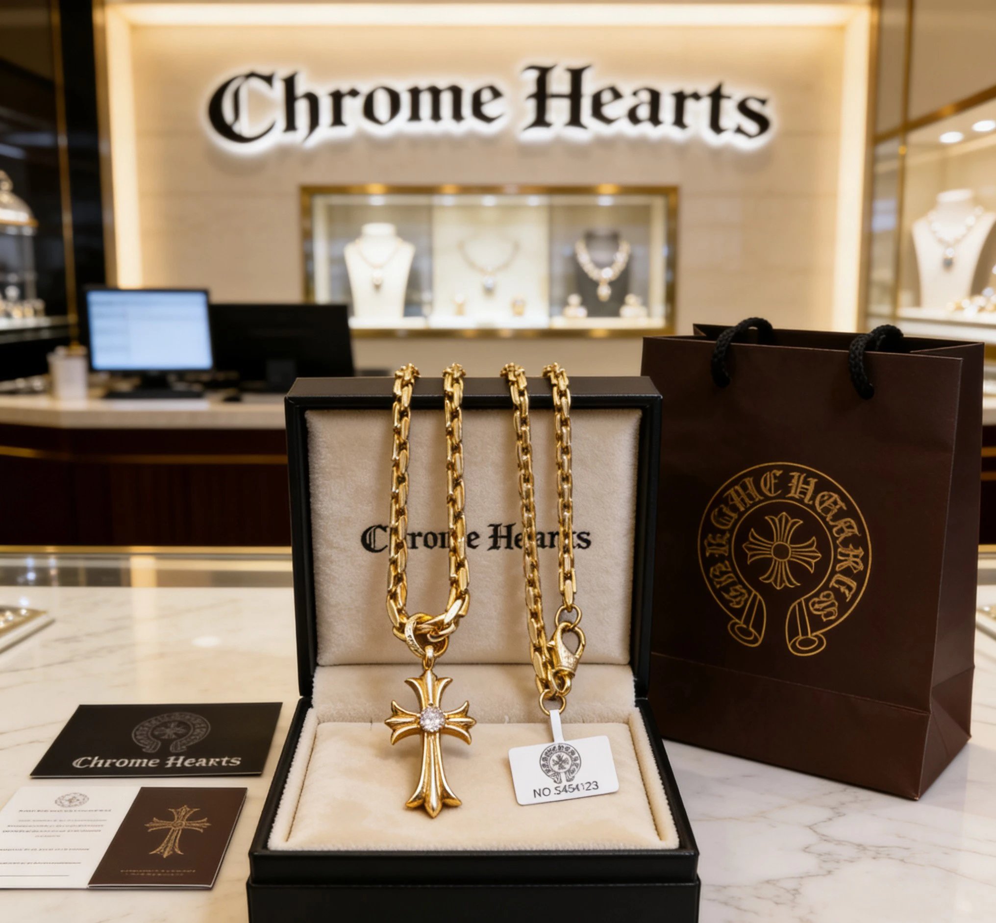 Chrome Hearts 鎏金粗链十字项链，粗链与满钻十字吊坠在礼盒中尽显大气，搭配品牌保卡与标签，于硬朗中透出顶奢气场，是街头与轻奢的完美平衡鎏金粗链十字项链成为情侣间的风格暗号，粗链衬出利落轮廓
