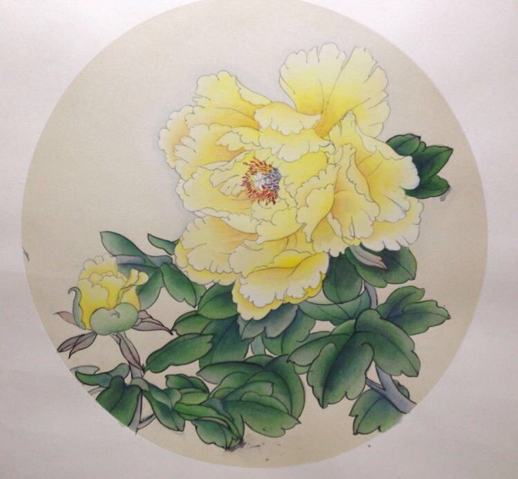 国画工笔《牡丹》42cm圆