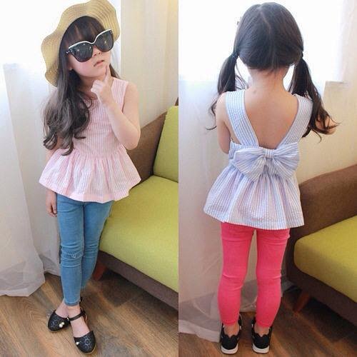 童装2015夏装新款女童儿童宝宝条纹大蝴蝶结露背背心连衣裙娃娃衫