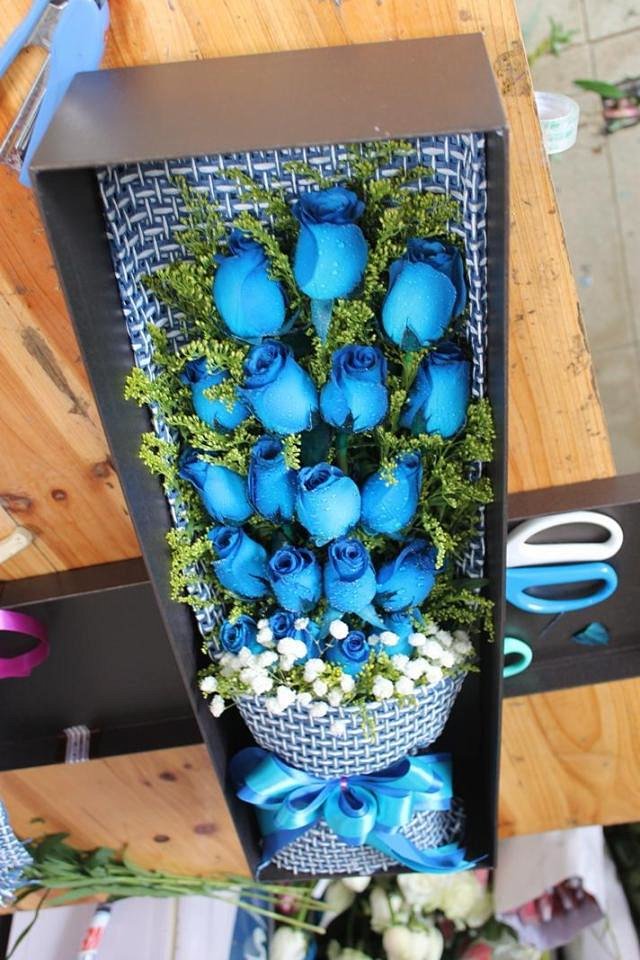 「蓝色梦幻」 花材:19朵蓝色玫瑰,季节性配材 包装:高档礼盒 「优先
