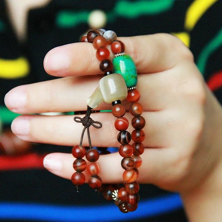 54颗极品磨砂玛瑙6mm牦牛角佛头纯银背云珠天然绿松石佛珠手链