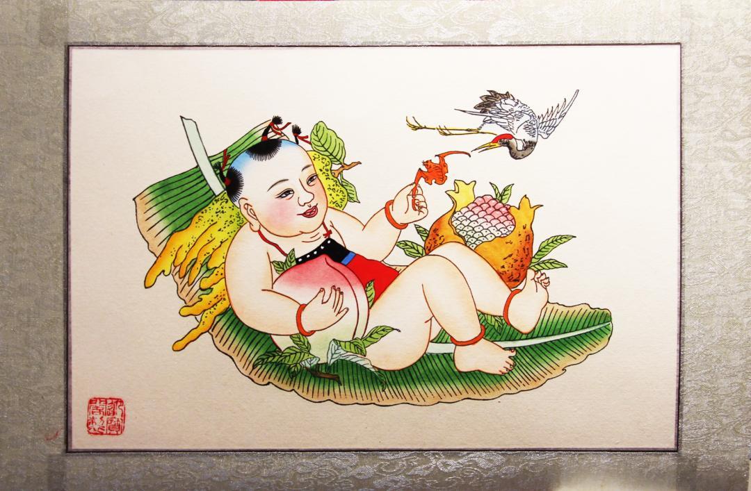 【福寿三多】杨柳青木版年画 宣纸手绘(这幅画应起名为"子孙福寿图"