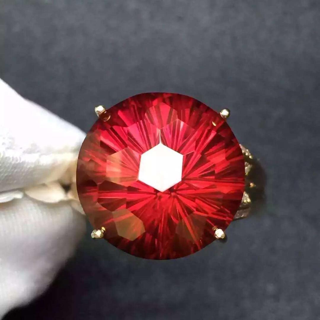 【极品鸽血红托帕石戒指】13克拉[色][色],顶级烟花切工18k玫瑰金南非