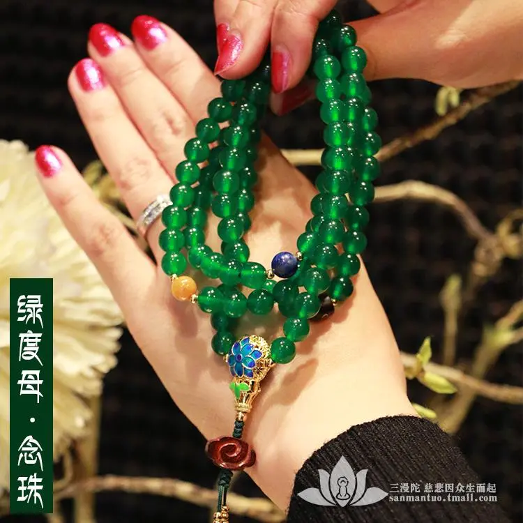 今季一番 三漫陀绿度母念珠度母佛珠挂件108颗手链绿玛瑙水晶手串男女项链 絵画/タペストリー