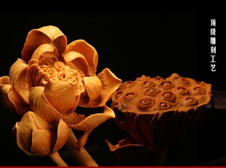 文玩天下商城 黄杨木雕荷花/莲蓬如意摆件
