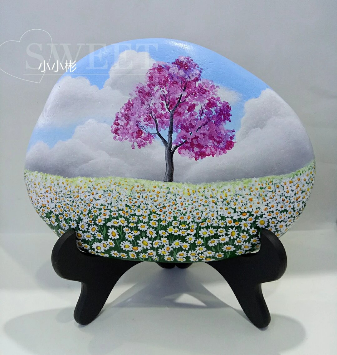 【雏菊花海】石头画摆件