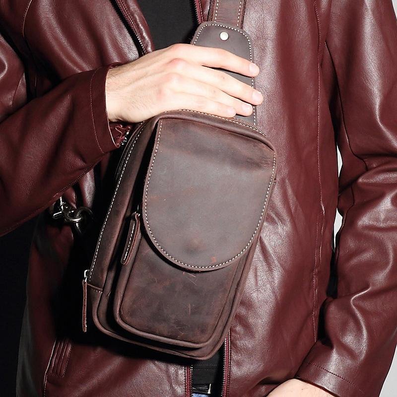 2016新款 复古真皮胸包 男士疯马皮斜挎包 运动休闲牛皮小单肩包