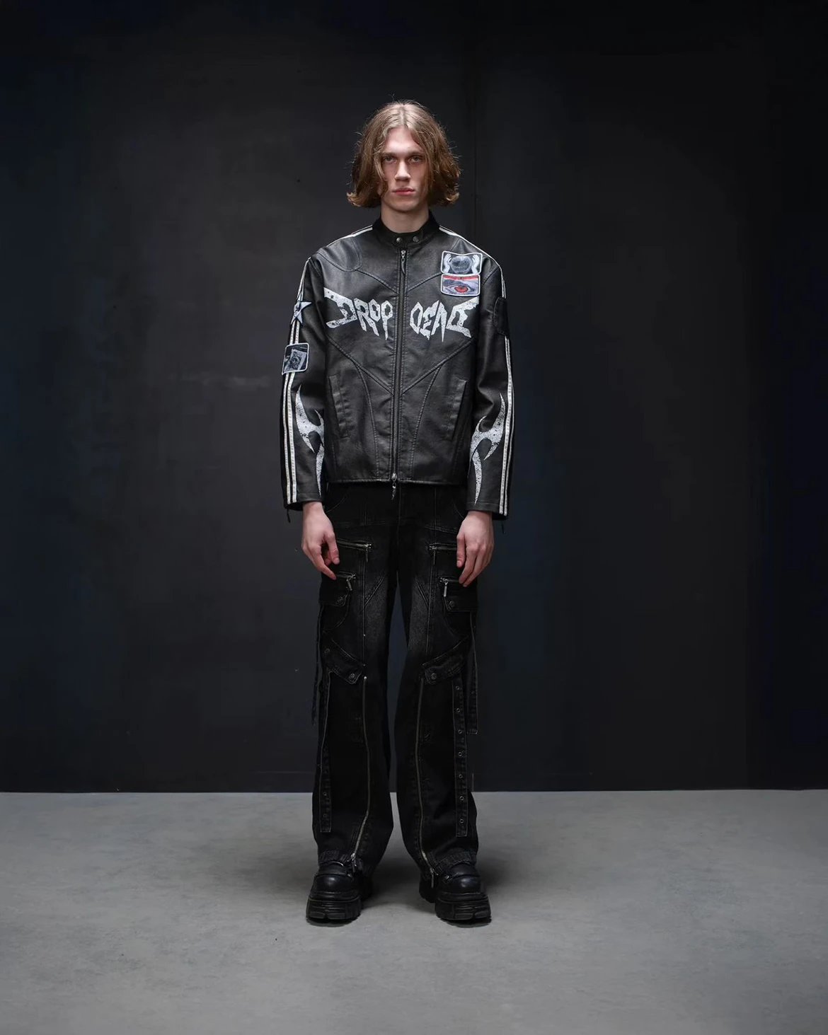 DROPDEAD 2025A/W SKYLINE RACER VEGAN LEATHER JACKET Dark Avant-Garde OL Distressed Racing Jacket PU Leather
