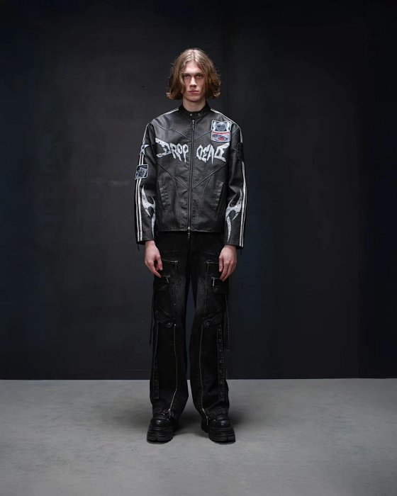 DROPDEAD 2025A/W SKYLINE RACER VEGAN LEATHER JACKET Dark Avant-Garde OL Distressed Racing Jacket PU Leather