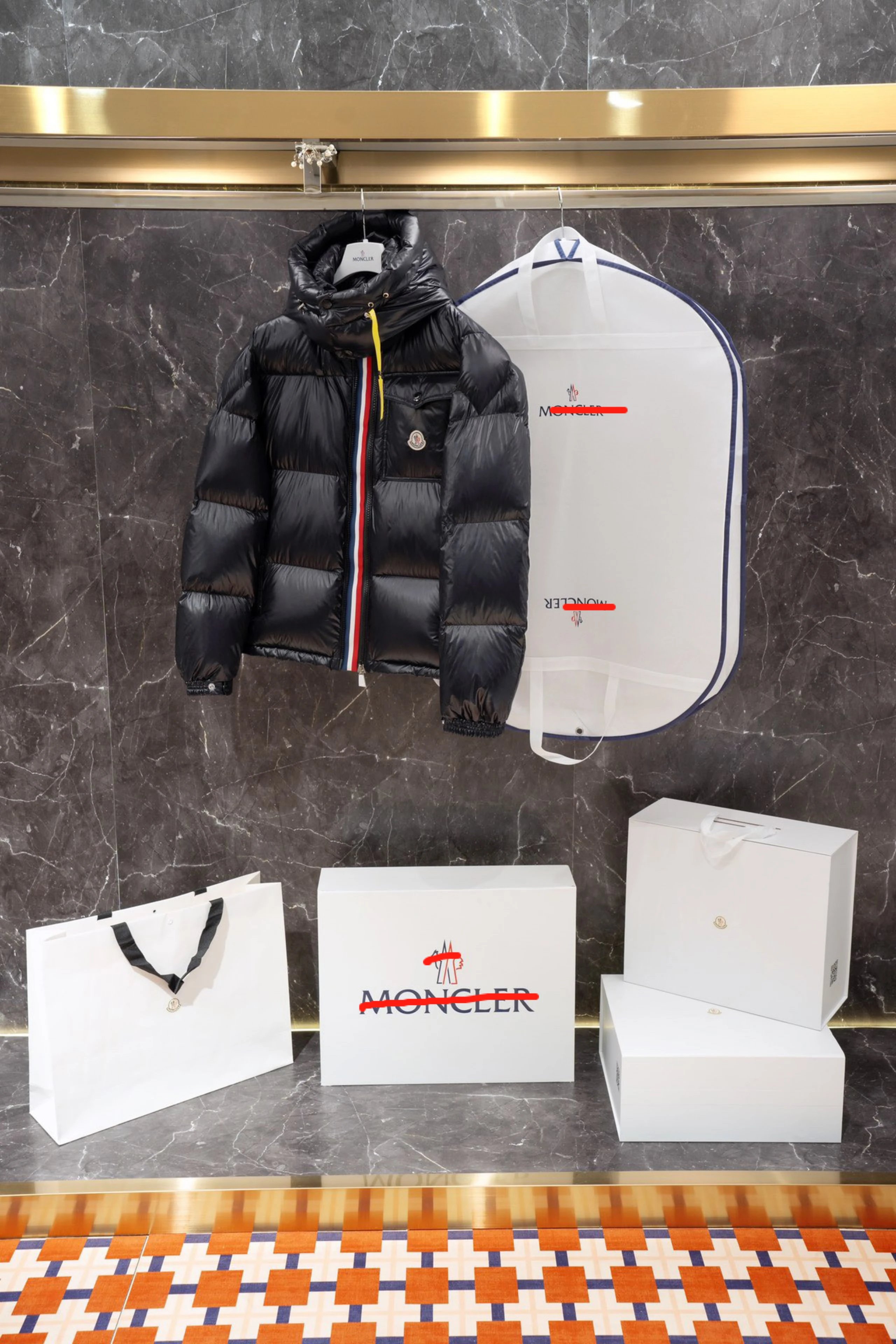 Moncler Maya Glossy Nylon Down Puffer Jacket with Tricolor Zipper