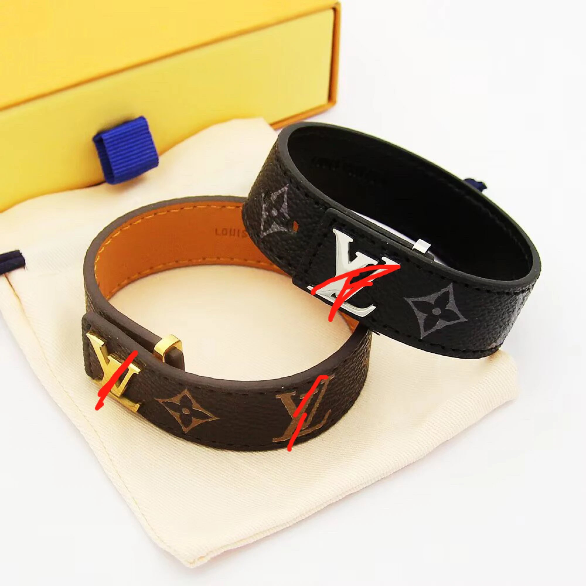 Louis Vuitton Monogram Leather Cuff Bracelet with LV Hardware