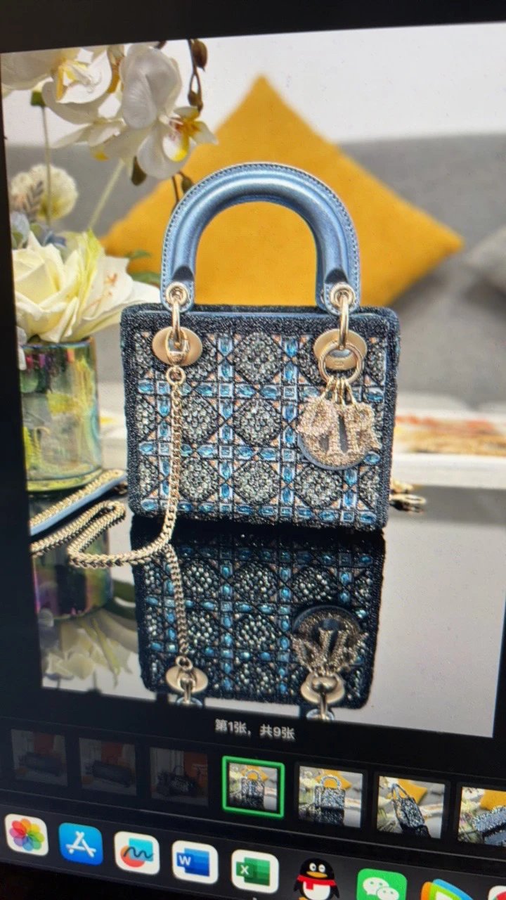 Dior Mini Lady Dior Blue Crystal Embellished Cannage Top Handle Bag