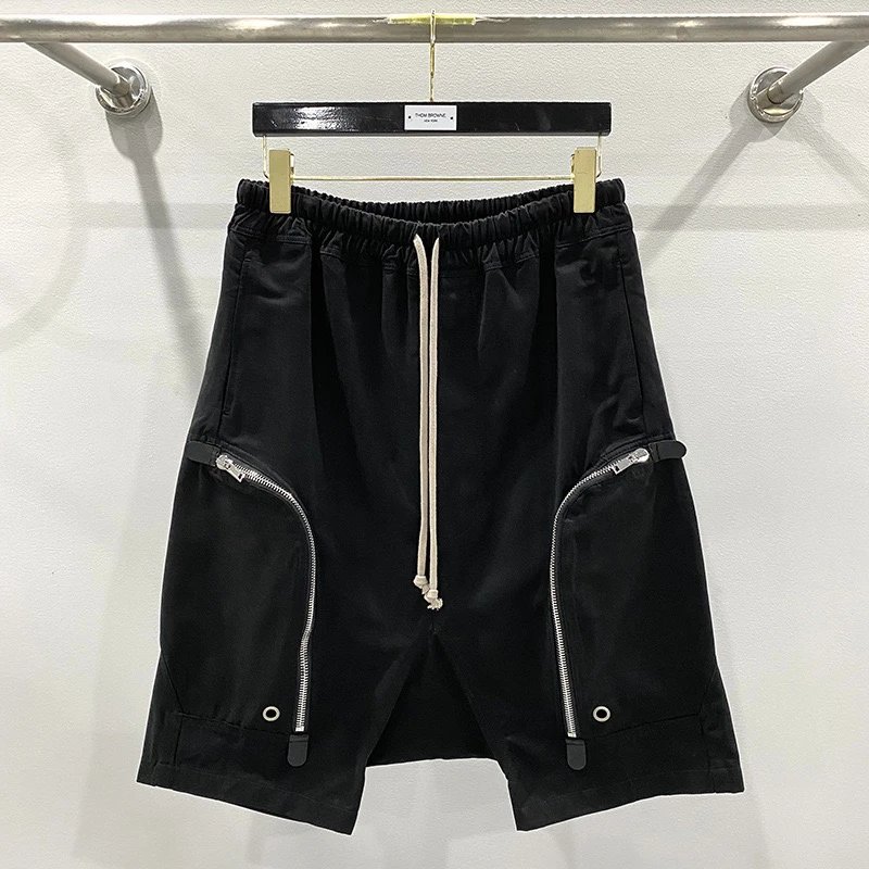 Black Drop Crotch Shorts with Diagonal Zipper Pockets and Drawstring