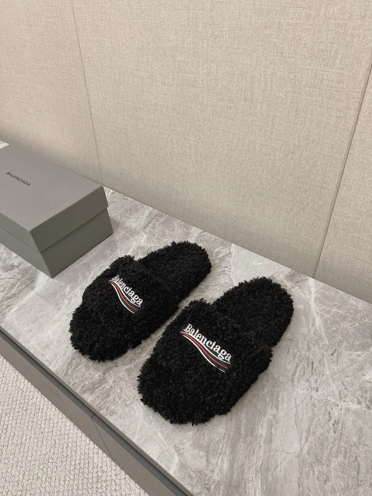 Balenciaga Fuzzy Shearling Logo Slide Sandals - 139833