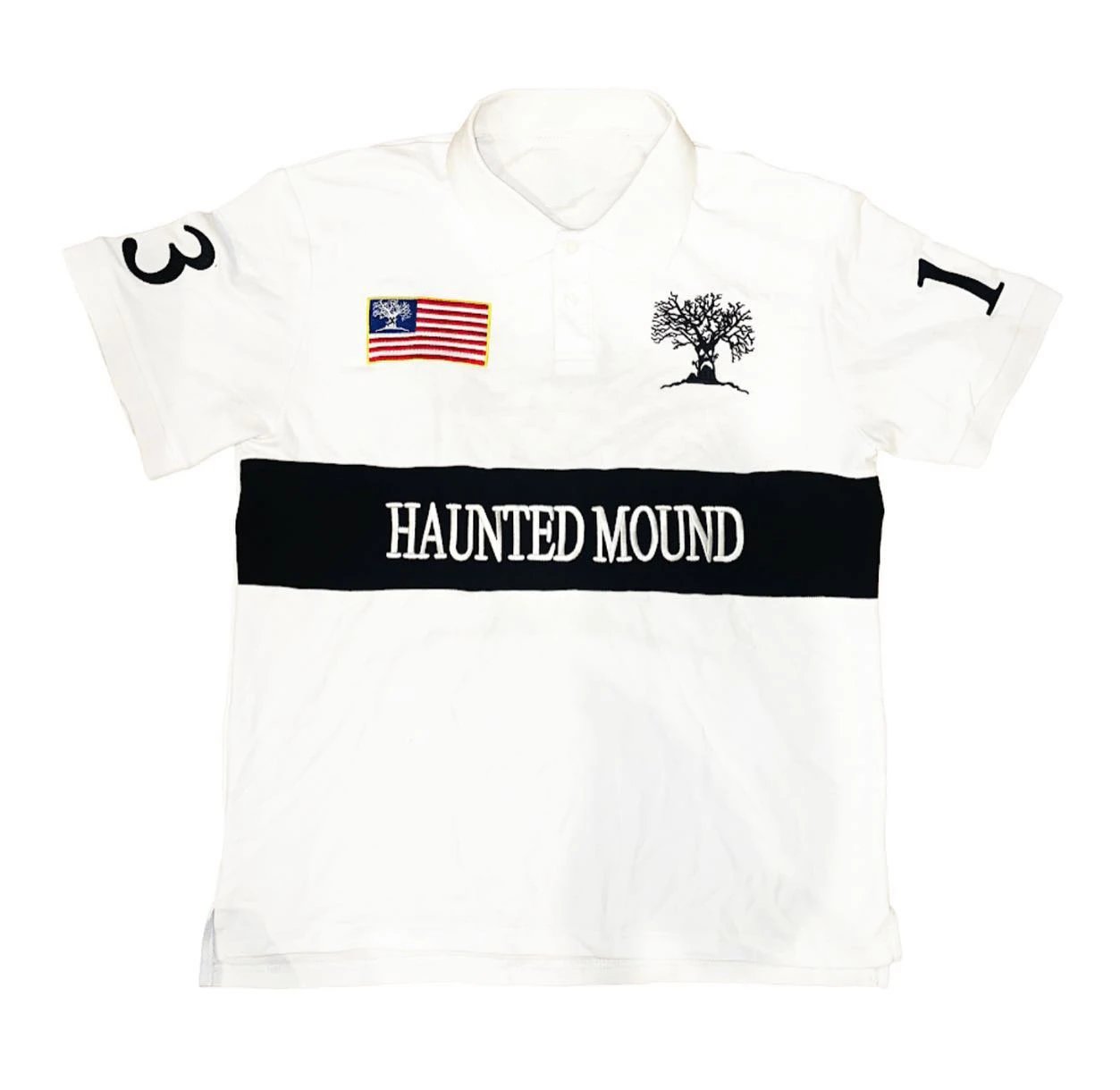 Haunted Mound Short Sleeve Polo Shirt with Tree and Flag Graphics