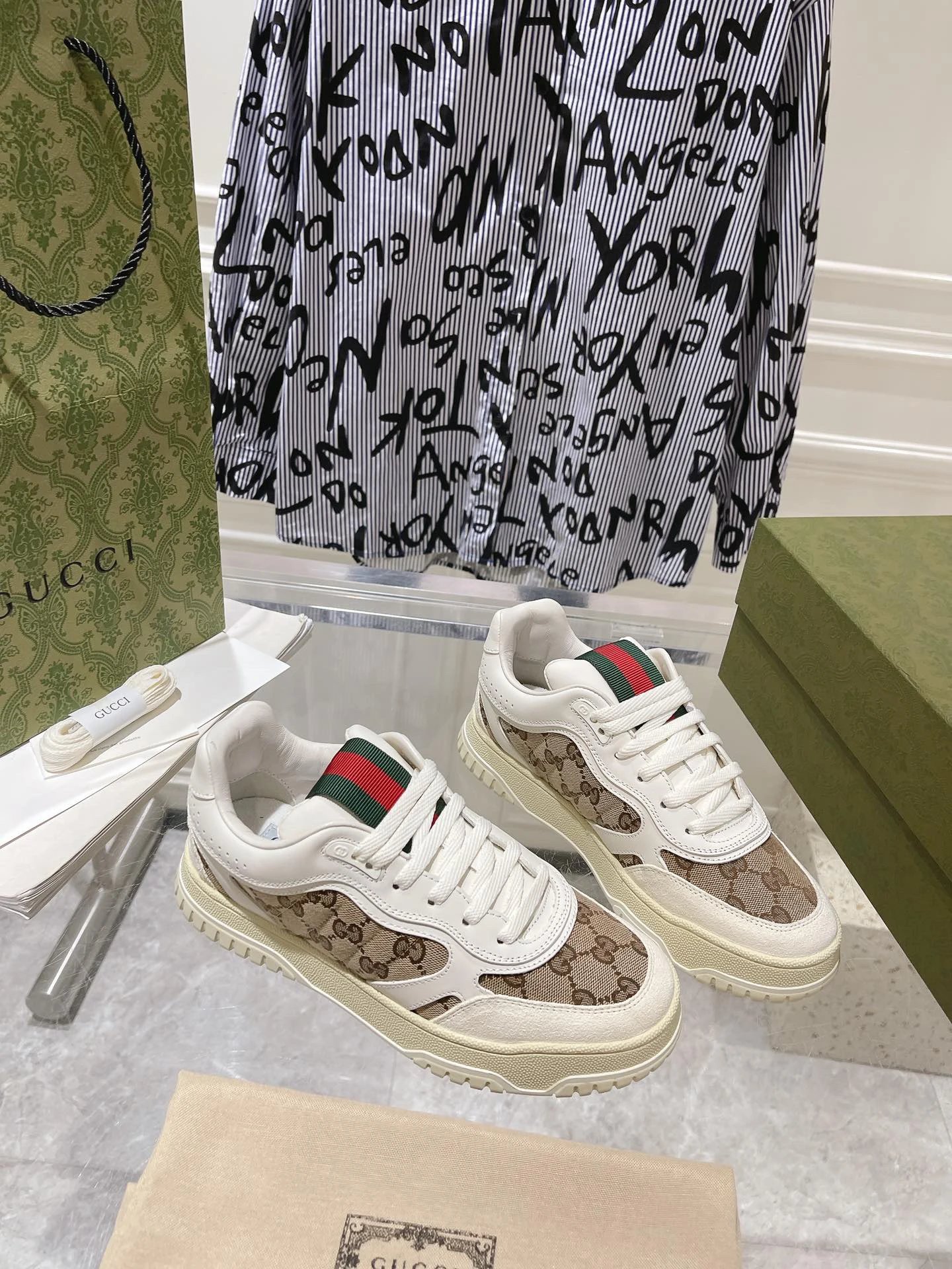 Gucci Rhyton Low-Top Sneaker in White Leather and GG Supreme Canvas