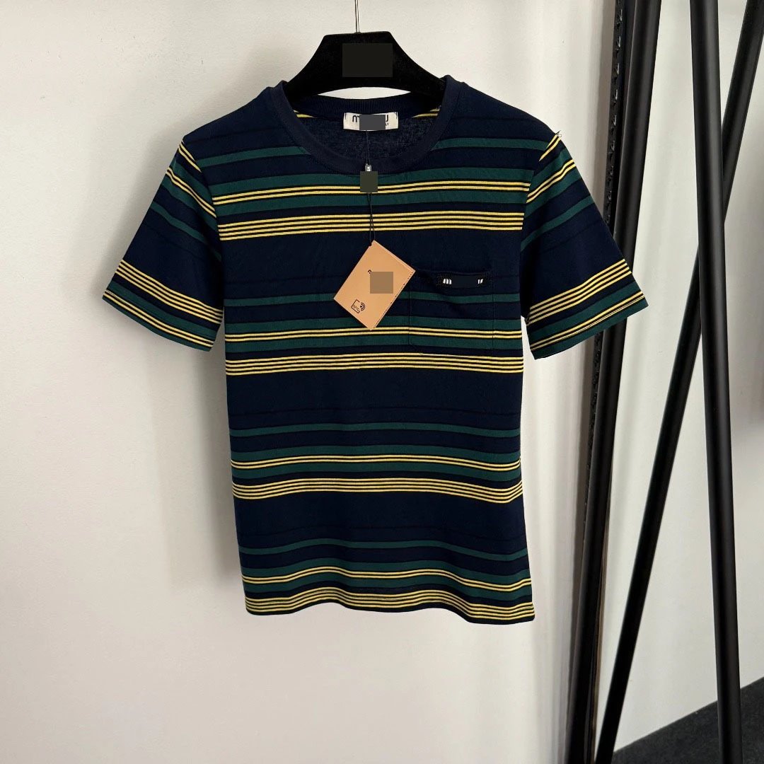 Men's Navy Blue Striped Short Sleeve T-Shirt with Chest Pocket