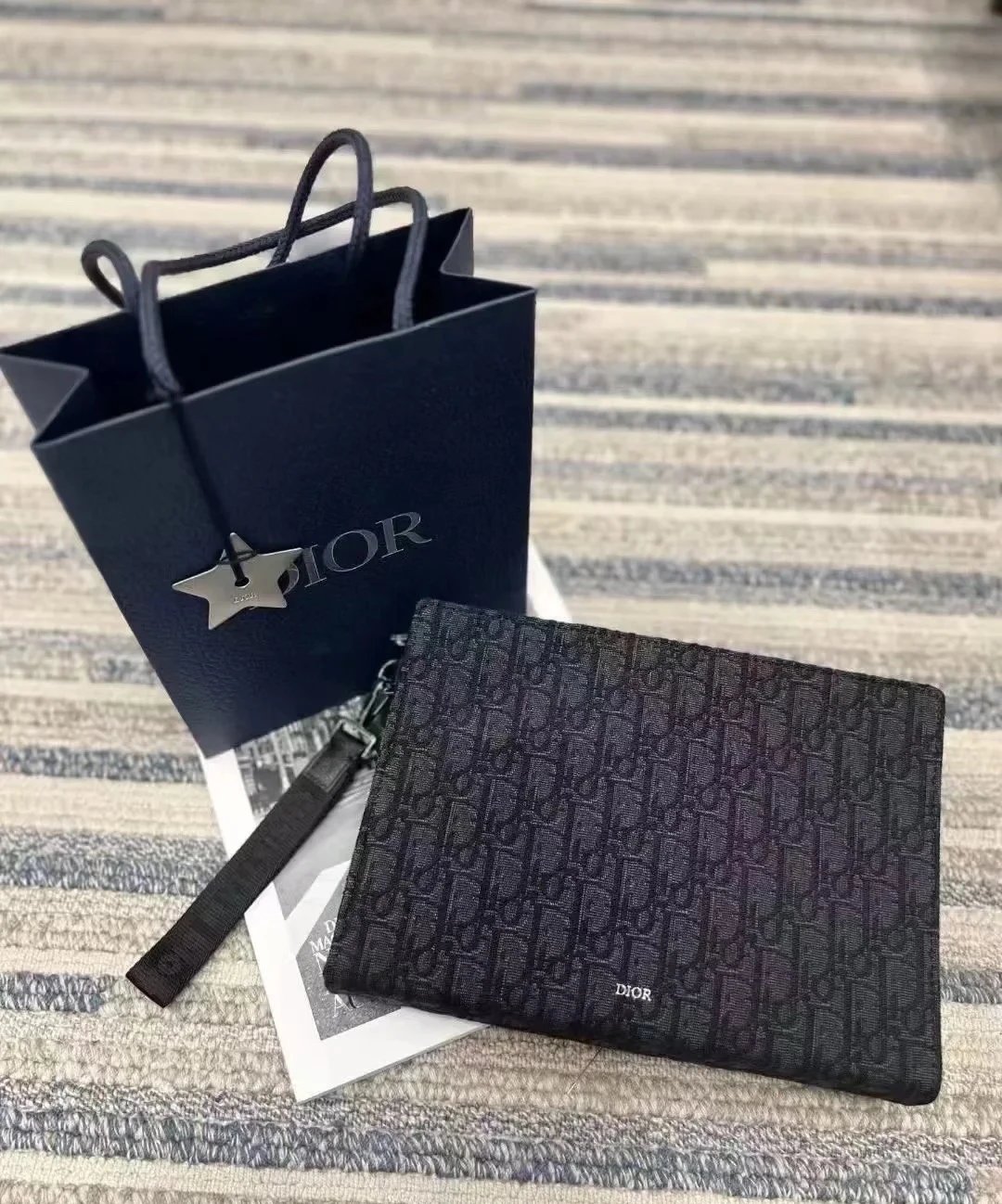 Dior Black Oblique Canvas Zip Wristlet Clutch