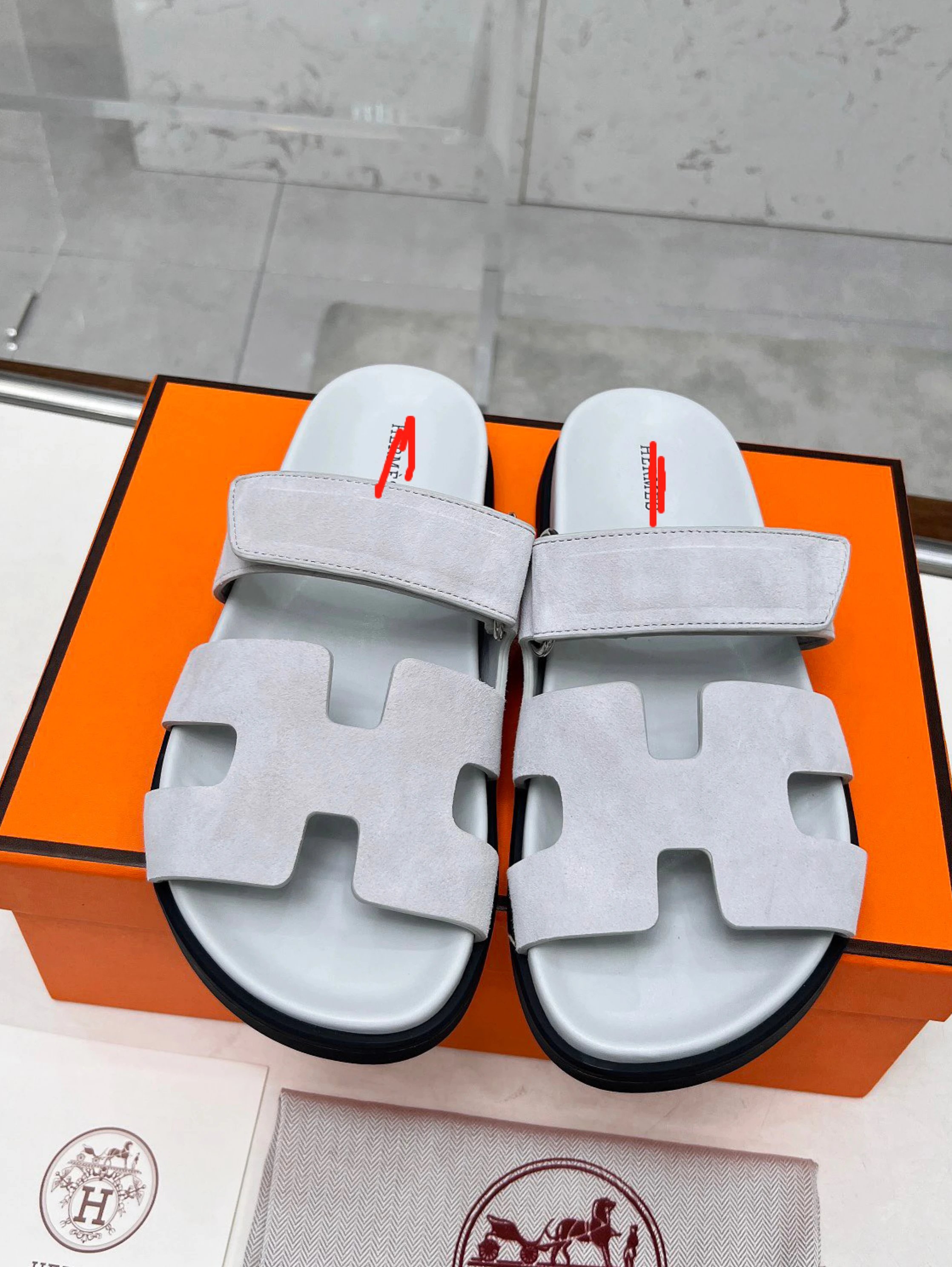 Herm&egrave;s Arobase H-Strap Slide Sandals in Suede and Leather