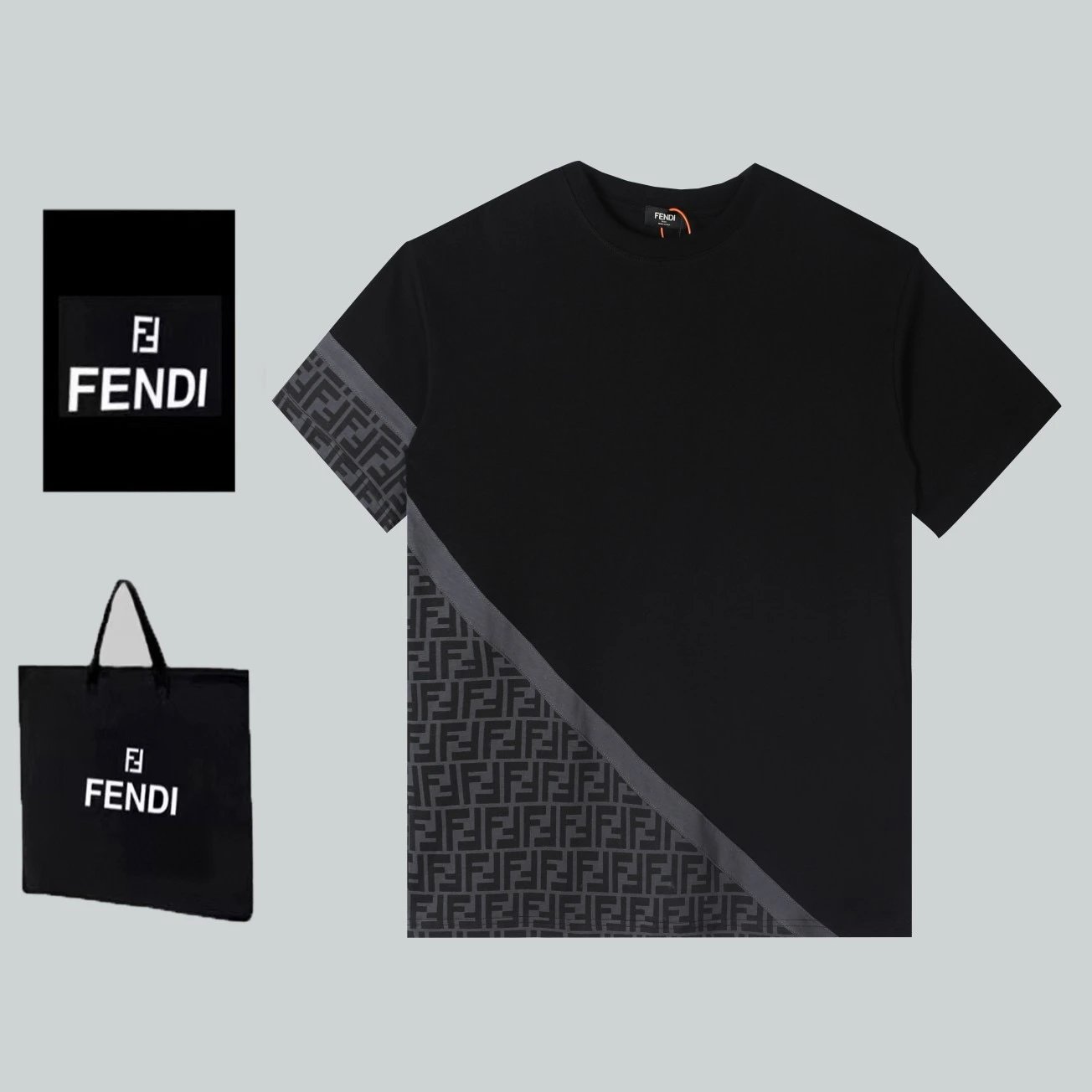 Fendi Men's Short Sleeve T-Shirt with Diagonal FF Monogram Splice Panel