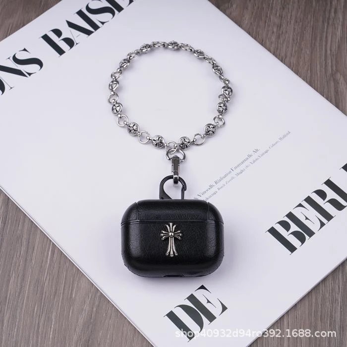 Leather Earbud Case with Silver Cross Charm and Skull Chain