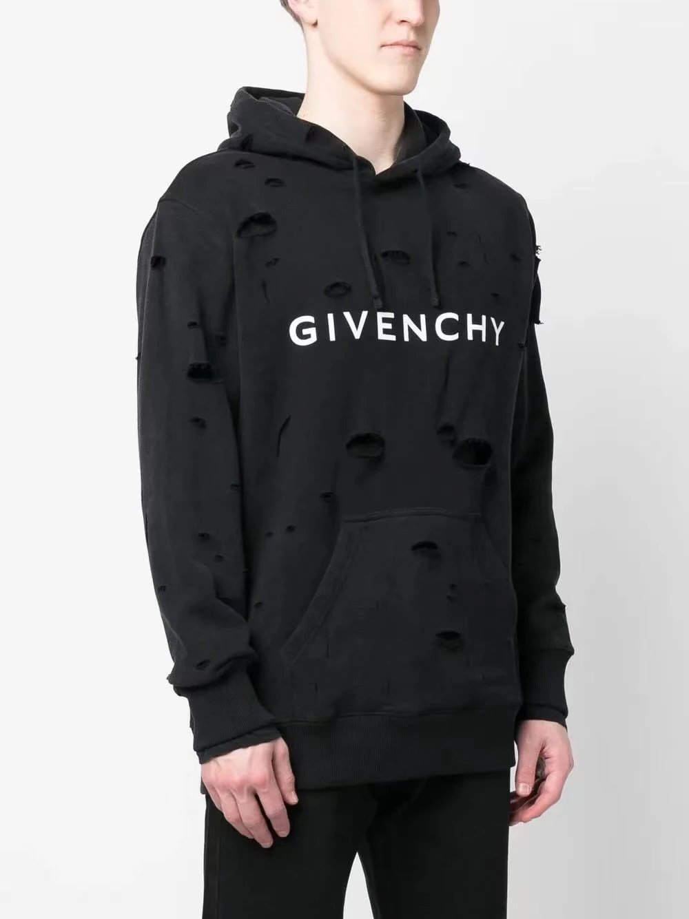 Givenchy Black Distressed Cotton Hoodie with White Logo