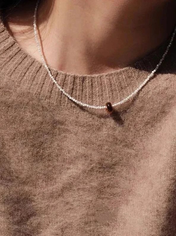 Caramel-feeling tiger eye stone necklace American designer brand Nial@ya, no leftover materials from the order, shell beads + natural tiger eye stone necklace, clavicle chain [Accessories] 041B[CSZ]