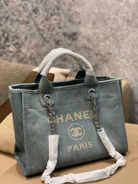 Chanel Deauville Tote Bag White Canvas with Black Logo - 21