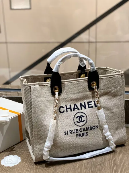 Chanel Deauville Tote Bag White Canvas with Black Logo - 34