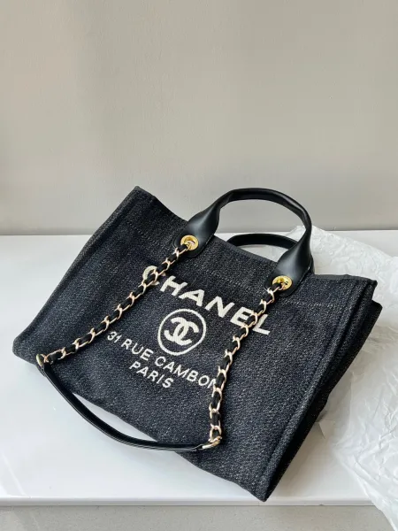 Chanel Deauville Tote Bag White Canvas with Black Logo - 41